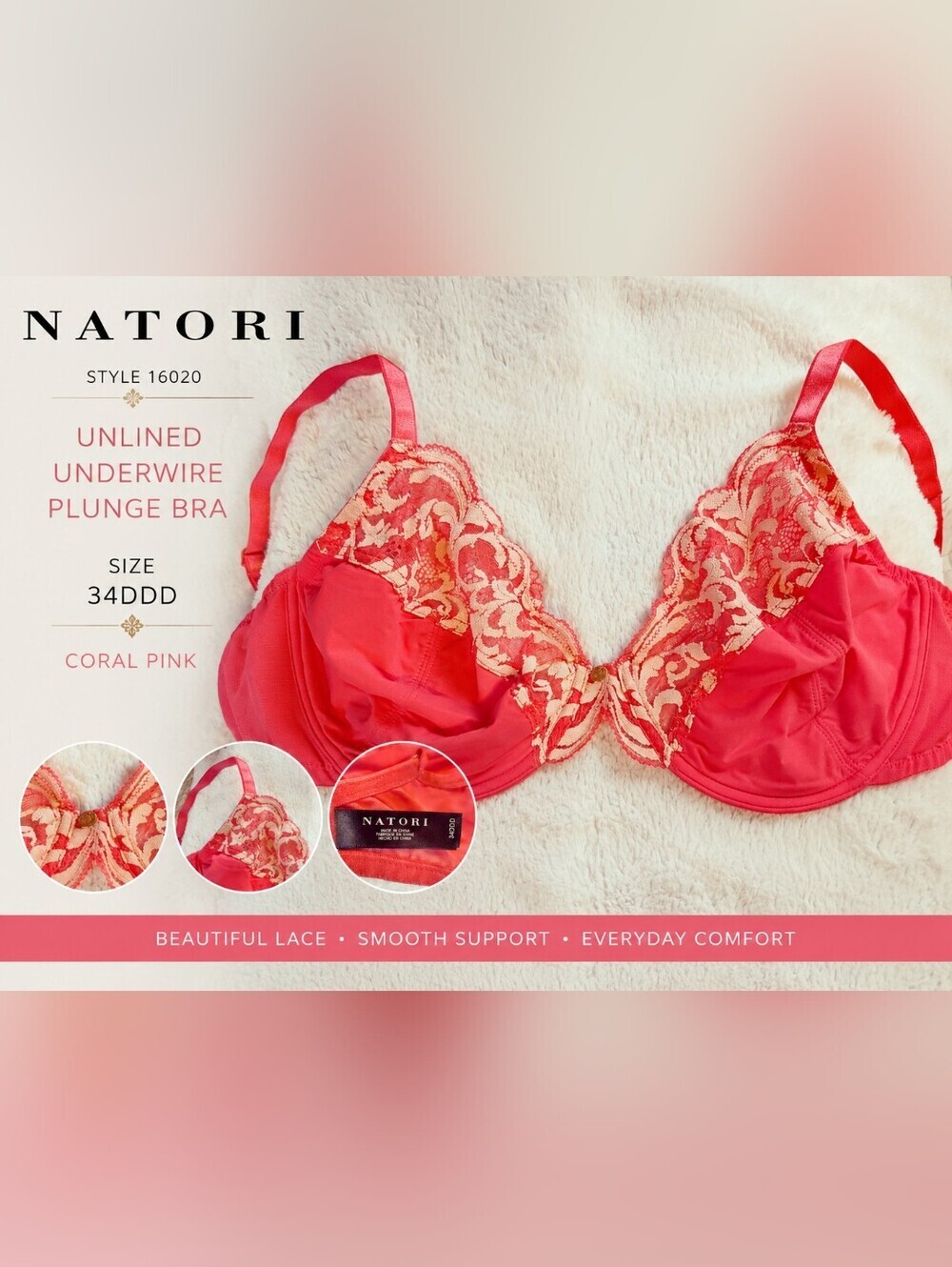 Natori 34DDD Bra 16020 Unlined Underwire Plunge Bra Coral Pink Lace 34F